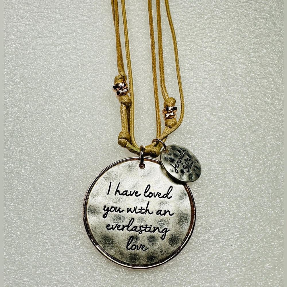 C1946 Silver-Toned Inspirational Pendant Necklace On Tan Cording Jeremiah 31:3 - Picture 1 of 6